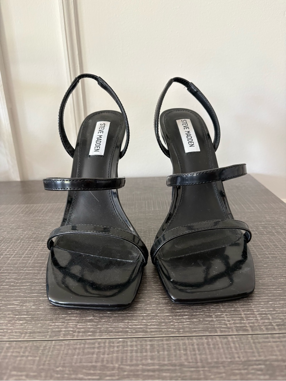Steve Madden Black Patent Minimalist Square-Toe Slingback Heels